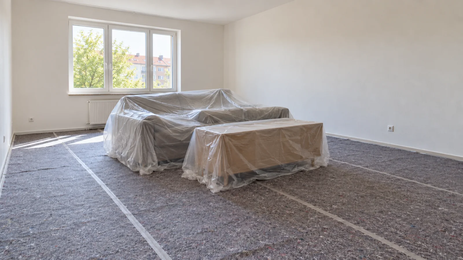 Nábytek zakrytý průhlednou fólií, chráněná podlaha a volný prostor podél stěn