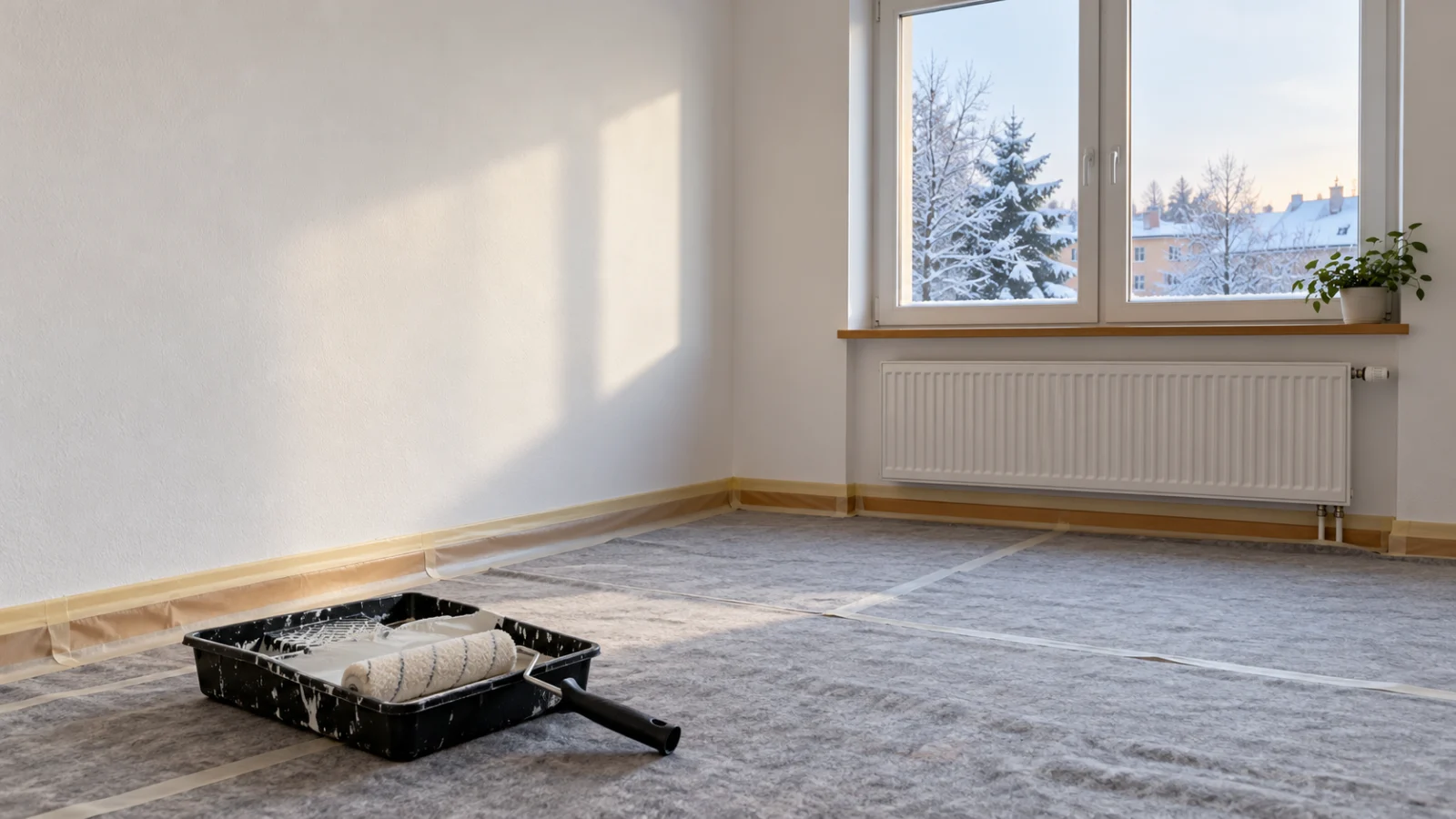 Pokoj připravený na malování s radiátorem a oknem do zimního světla.